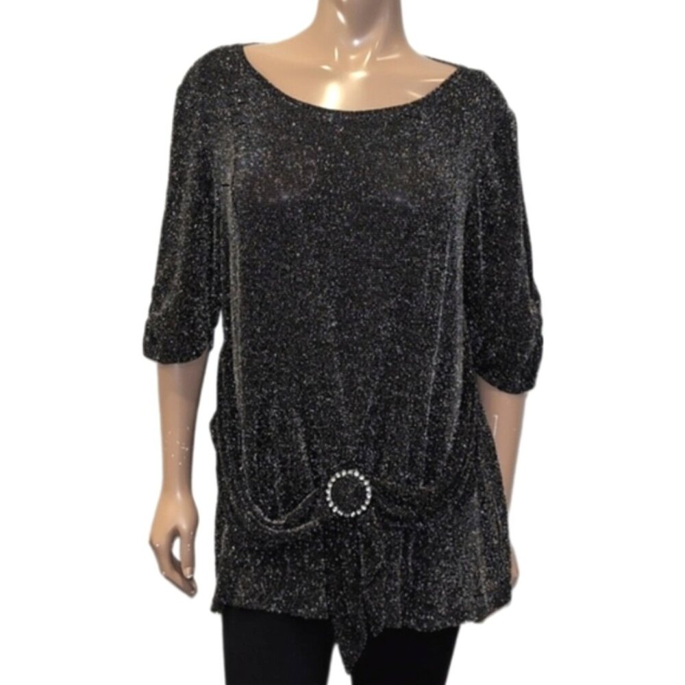 Vintage Lurex Blouse Short Sleeve Metallic Rhinestone Buckle Tie Front Tunic